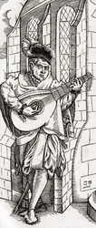 A Troubadour, detail of a woodcut, engraved by Georg Scharffenberg, from Der Todten Tanz, published Basel, 1843